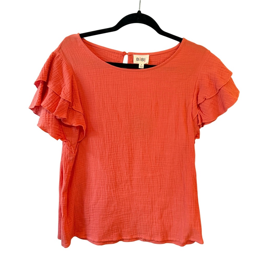 BIBI Coral Pink Gauze Ruffle Sleeve Blouse Top Small New‎ With Tags